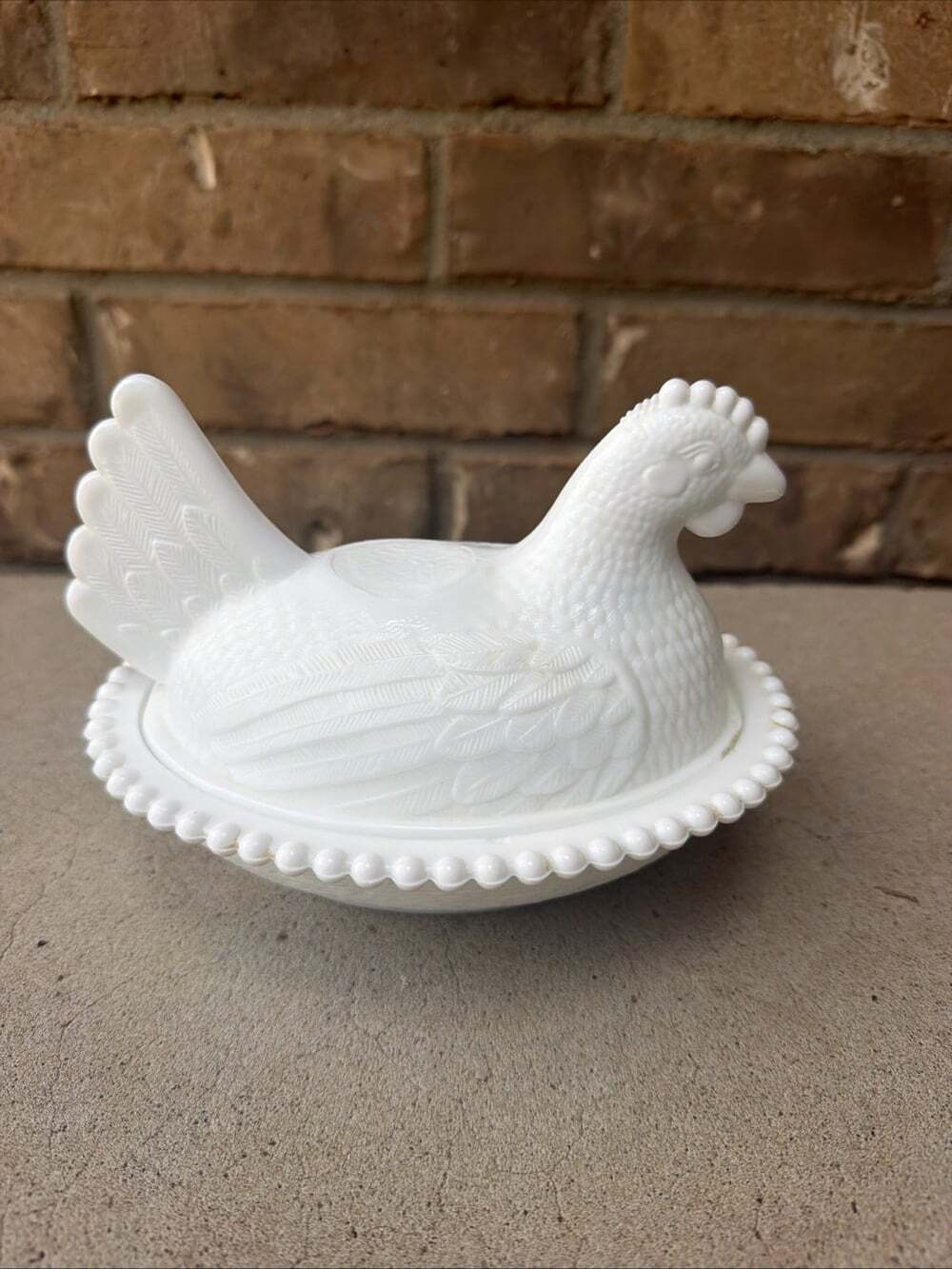 Indiana White Milk Glass Hen on Nest Beaded Rim Stippled Base 7"